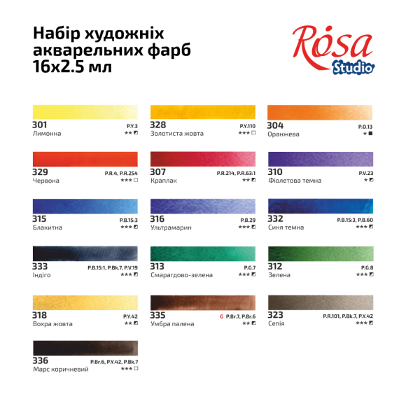 Набір акварельних фарб ROSA Studio PLEIN AIR, 16x2,5 мл, кювети, картонна упаковка