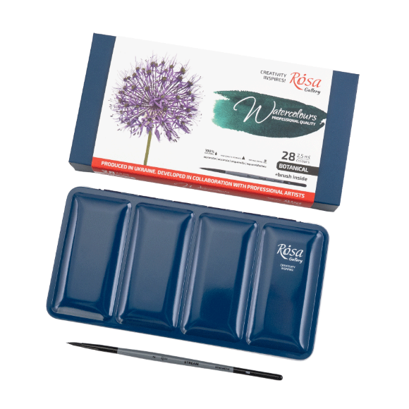 Набор акварельных красок с кисточкой BOTANICAL 28×2,5мл кювета Индиго металлический пенал ROSA Gallery