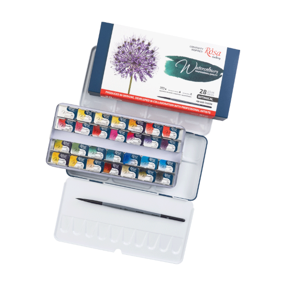 Набор акварельных красок с кисточкой BOTANICAL 28×2,5мл кювета Индиго металлический пенал ROSA Gallery