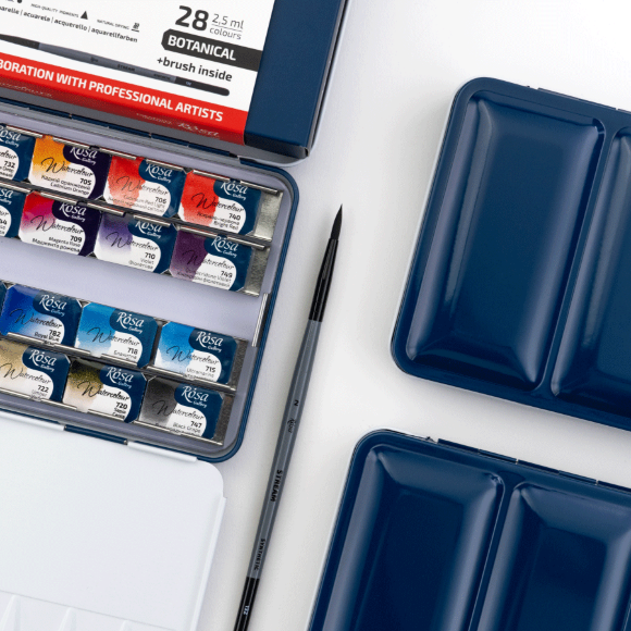 Набор акварельных красок с кисточкой BOTANICAL 28×2,5мл кювета Индиго металлический пенал ROSA Gallery
