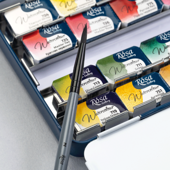 Набор акварельных красок с кисточкой BOTANICAL 28×2,5мл кювета Индиго металлический пенал ROSA Gallery