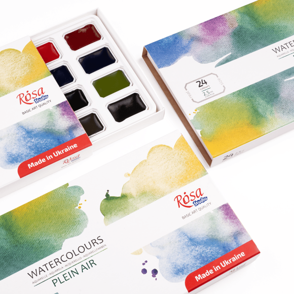 Набір акварельних фарб ROSA Studio PLEIN AIR, 24x2,5 мл, кювети, картонна упаковка