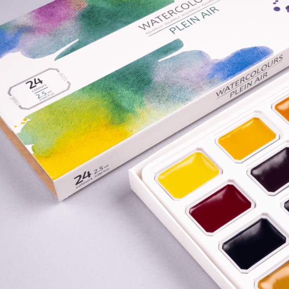 Набір акварельних фарб ROSA Studio PLEIN AIR, 24x2,5 мл, кювети, картонна упаковка