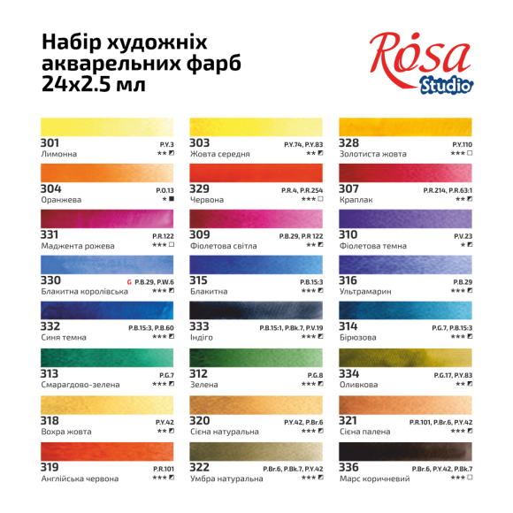 Набір акварельних фарб ROSA Studio PLEIN AIR, 24x2,5 мл, кювети, картонна упаковка