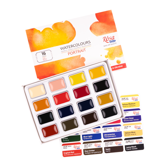 Набір акварельних фарб ROSA Studio PORTRAIT, 16x2,5 мл, кювети, картонна упаковка Набір акварельних фарб ROSA Studio PORTRAIT, 16x2,5 мл, кювети, картонна упаковка