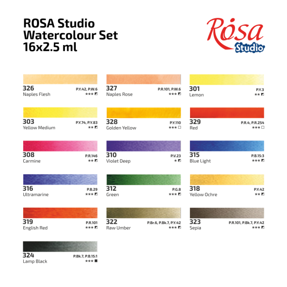 Набір акварельних фарб ROSA Studio PORTRAIT, 16x2,5 мл, кювети, картонна упаковка Набір акварельних фарб ROSA Studio PORTRAIT, 16x2,5 мл, кювети, картонна упаковка