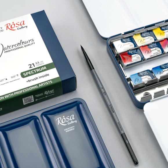 Набор акварельных красок с кистью SPECTRUM 21×2,5мл кювета Индиго металлический пенал ROSA Gallery