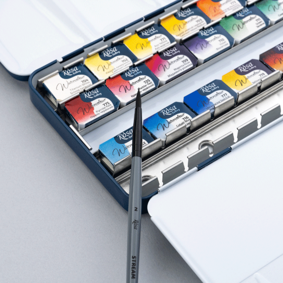 Набор акварельных красок с кистью SPECTRUM 21×2,5мл кювета Индиго металлический пенал ROSA Gallery