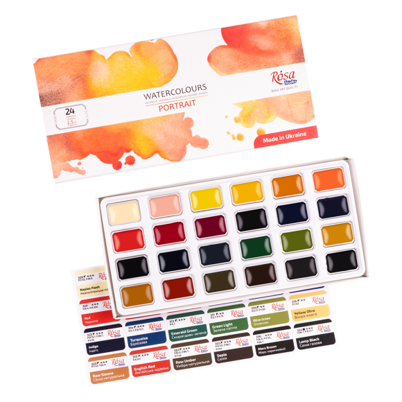 Набір акварельних фарб ROSA Studio PORTRAIT, 24x2,5 мл, кювети, картонна упаковка Набір акварельних фарб ROSA Studio PORTRAIT, 24x2,5 мл, кювети, картонна упаковка