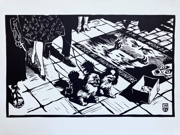 Linocut Sidewalk in Brussels, Benelux, artist Malakov Georgy