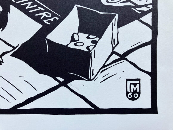 Linocut Sidewalk in Brussels, Benelux, artist Malakov Georgy