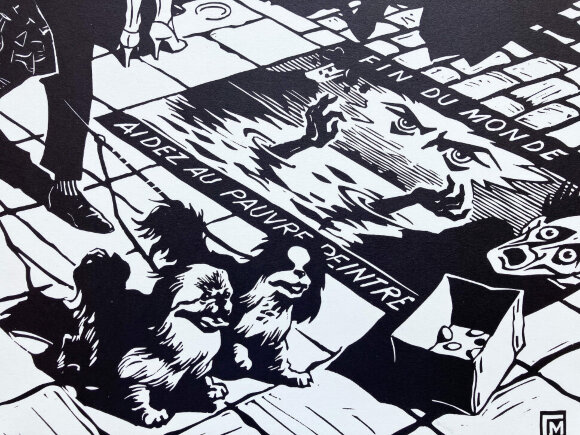 Linocut Sidewalk in Brussels, Benelux, artist Malakov Georgy