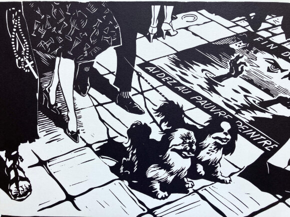 Linocut Sidewalk in Brussels, Benelux, artist Malakov Georgy