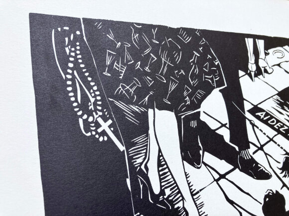 Linocut Sidewalk in Brussels, Benelux, artist Malakov Georgy