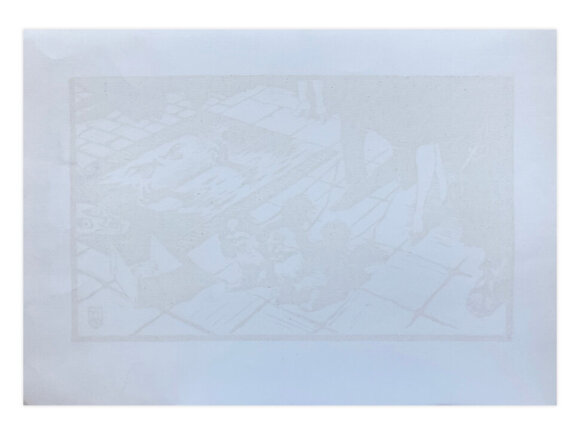 Linocut Sidewalk in Brussels, Benelux, artist Malakov Georgy