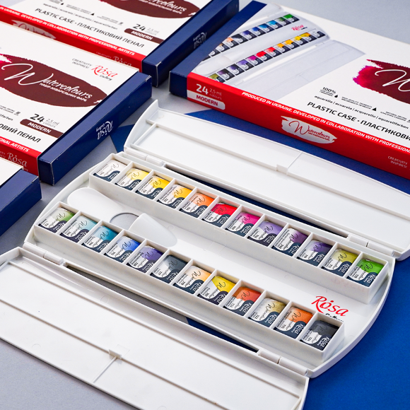 Набор акварельных красок MODERN пластиковый пенал 24цв. х 2,5мл кювета ROSA Gallery