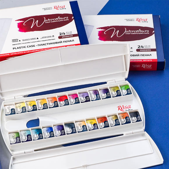 Набор акварельных красок MODERN пластиковый пенал 24цв. х 2,5мл кювета ROSA Gallery