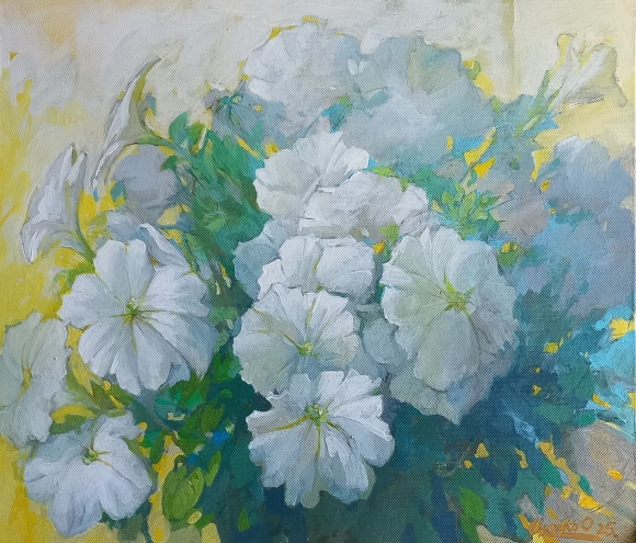 Painting Summer. Petunias, artist Orest Tsiupko