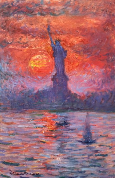 Painting Statue of Liberty at dawn, artist Kishenyuk Petr