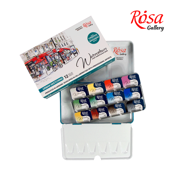 Набор акварельных красок URBAN SKETCHING металлический пенал Бирюза 12цв. х 2,5мл кювета ROSA Gallery