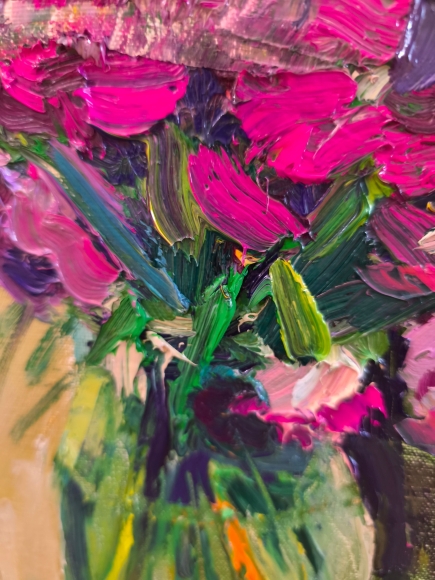 Painting Campanula and Dianthus, artist Nina Lytvyn