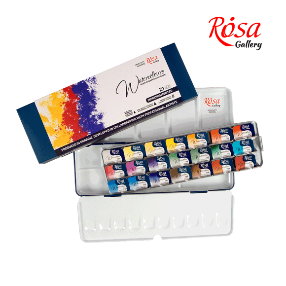 Набор акварельных красок MONOPIGMENTED металлический пенал Индиго 21цв. х 2,5мл кювета ROSA Gallery