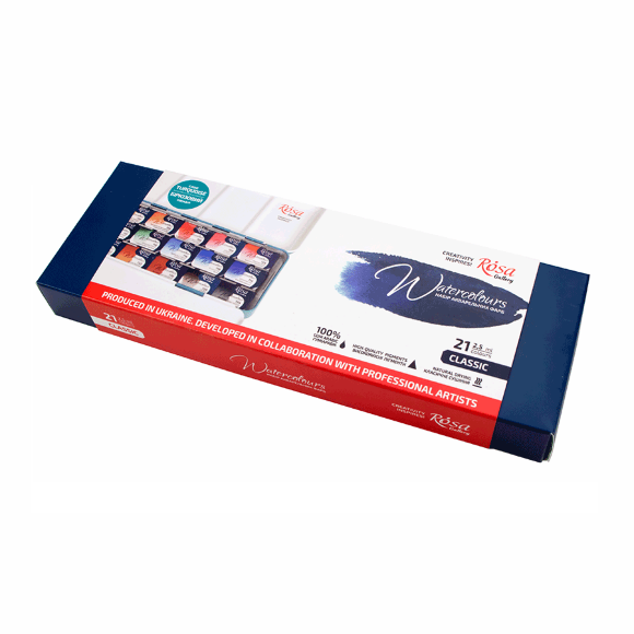 Набор акварельных красок CLASSIC металлический пенал Бирюза 21цв. х 2,5мл кювета ROSA Gallery