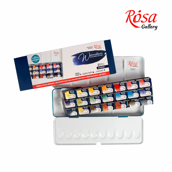 Набор акварельных красок CLASSIC металлический пенал Бирюза 21цв. х 2,5мл кювета ROSA Gallery