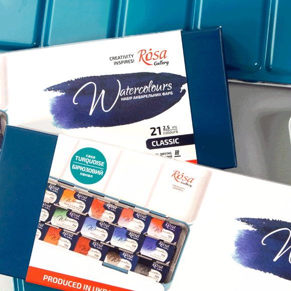 Набор акварельных красок CLASSIC металлический пенал Бирюза 21цв. х 2,5мл кювета ROSA Gallery