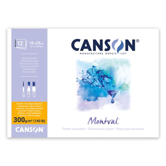 MONTVAL A3 Watercolor Bonding Paper, 300g/m2, 12 Sheets, Natural White, Medium Grain, Canson MONTVAL A3 Watercolor Bonding Paper, 300g/m2, 12 Sheets, Natural White, Medium Grain, Canson
