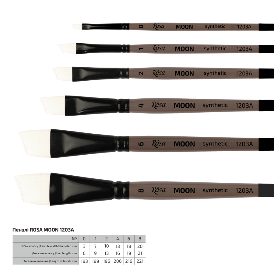 Synthetic brush, angular, MOON 1203A, No. 0, short handle, ROSA