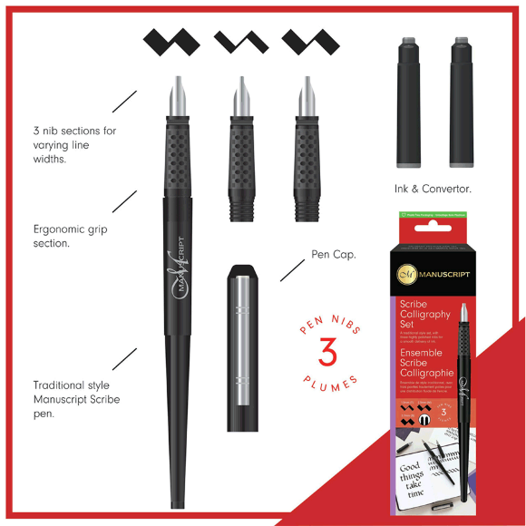 Набор для каллиграфии Scribe Calligraphy 3 Nib Set (ручка 3 пера конвертер картридж) Manuscript