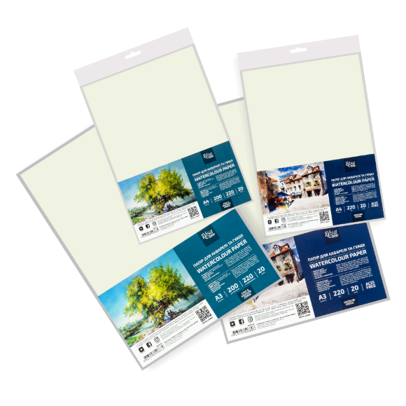 Бумага для акварели (пакет) А3 29,7х42см 220-200г/м2 20л Среднее и Мелкое зерно ROSA Studio Бумага для акварели (пакет) А3 29,7х42см 220-200г/м2 20л Среднее и Мелкое зерно ROSA Studio