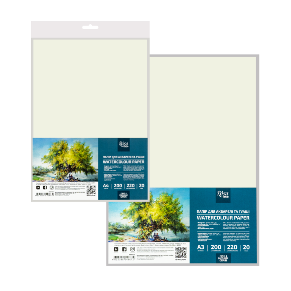 Бумага для акварели (пакет) А3 29,7х42см 220-200г/м2 20л Среднее и Мелкое зерно ROSA Studio Бумага для акварели (пакет) А3 29,7х42см 220-200г/м2 20л Среднее и Мелкое зерно ROSA Studio