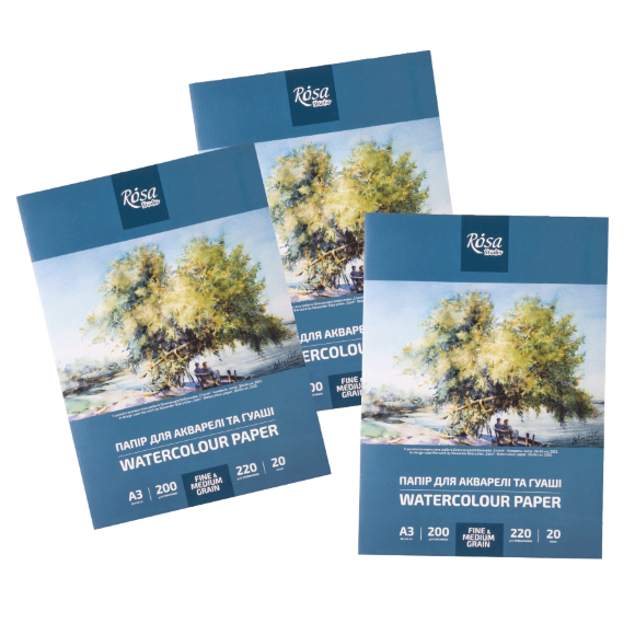 Папка для акварели А3 29,7х42см 220-200г/м2 20л Среднее и Мелкое зерно ROSA Studio Папка для акварели А3 29,7х42см 220-200г/м2 20л Среднее и Мелкое зерно ROSA Studio