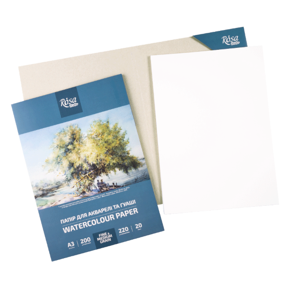 Папка для акварели А3 29,7х42см 220-200г/м2 20л Среднее и Мелкое зерно ROSA Studio Папка для акварели А3 29,7х42см 220-200г/м2 20л Среднее и Мелкое зерно ROSA Studio