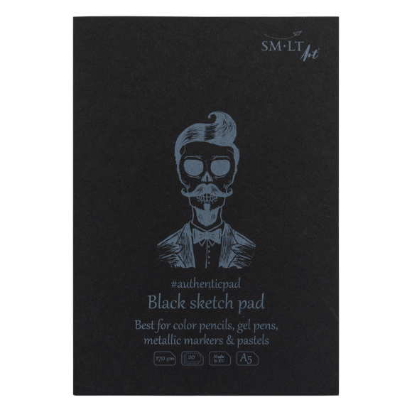 Блокнот-склейка для рисунка AUTHENTIC (black), А5 (14,8*21 см), 165г/м2, 20л, черная бумага, SMILTAINIS Блокнот-склейка для рисунка AUTHENTIC (black), А5 (14,8*21 см), 165г/м2, 20л, черная бумага, SMILTAINIS