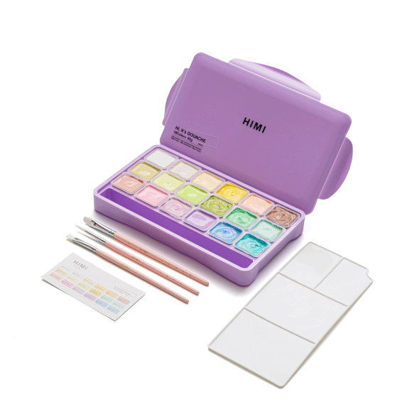 Набор красок гуашевых HIMI Jelly Cup 18x30 мл, пастельные, 3 кисти, фиолетовый пластиковый пенал