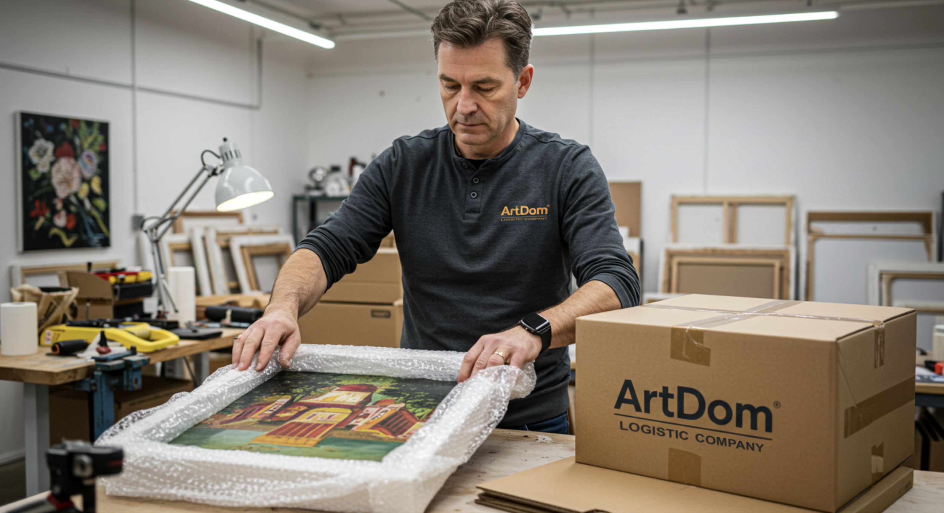 Фахівець ArtDom вручну готує картину: обгортає її повітряно-пухирчастою плівкою перед пакуванням у короб. Працівник ArtDom у майстерні загортає картину в пухирчасту плівку перед пакуванням у брендовану коробку