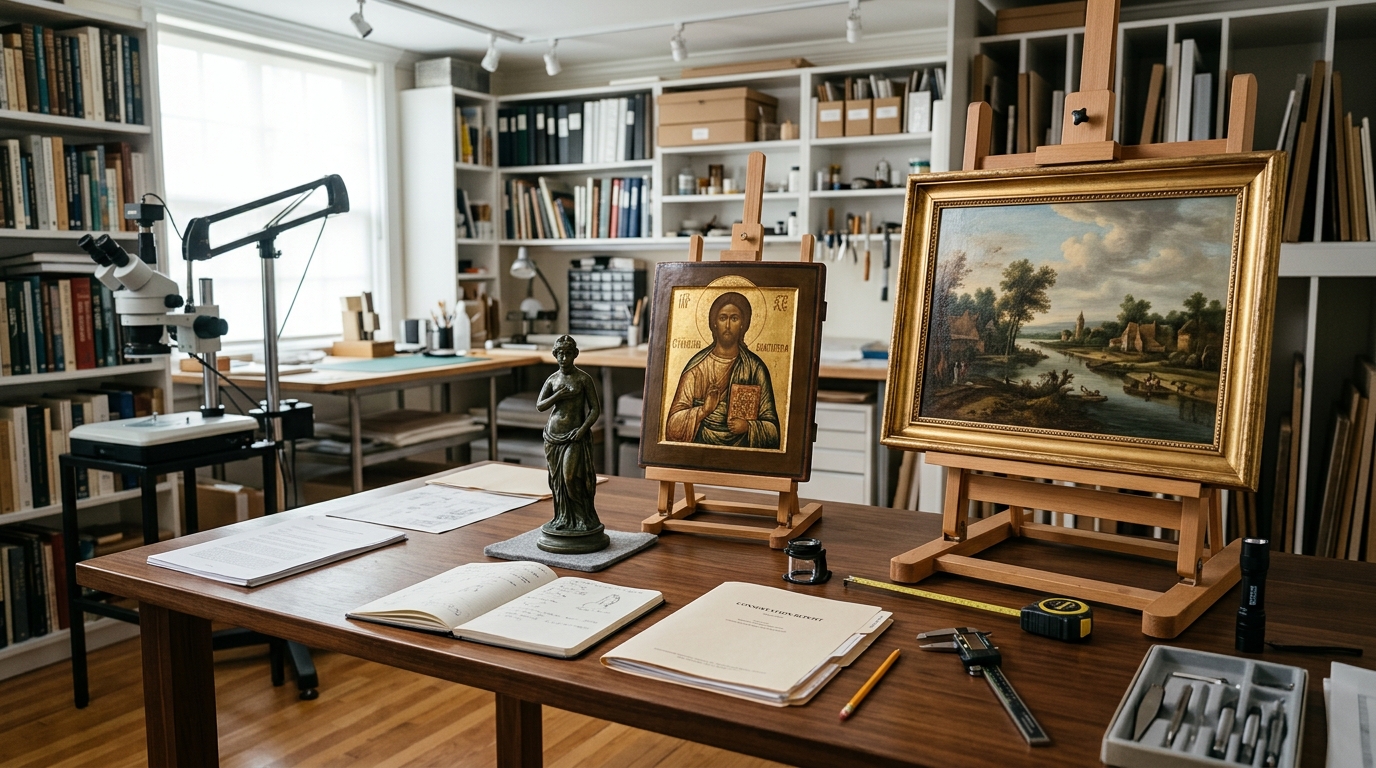 Ікона, скульптура та старовинна картина в майстерні для експертної оцінки