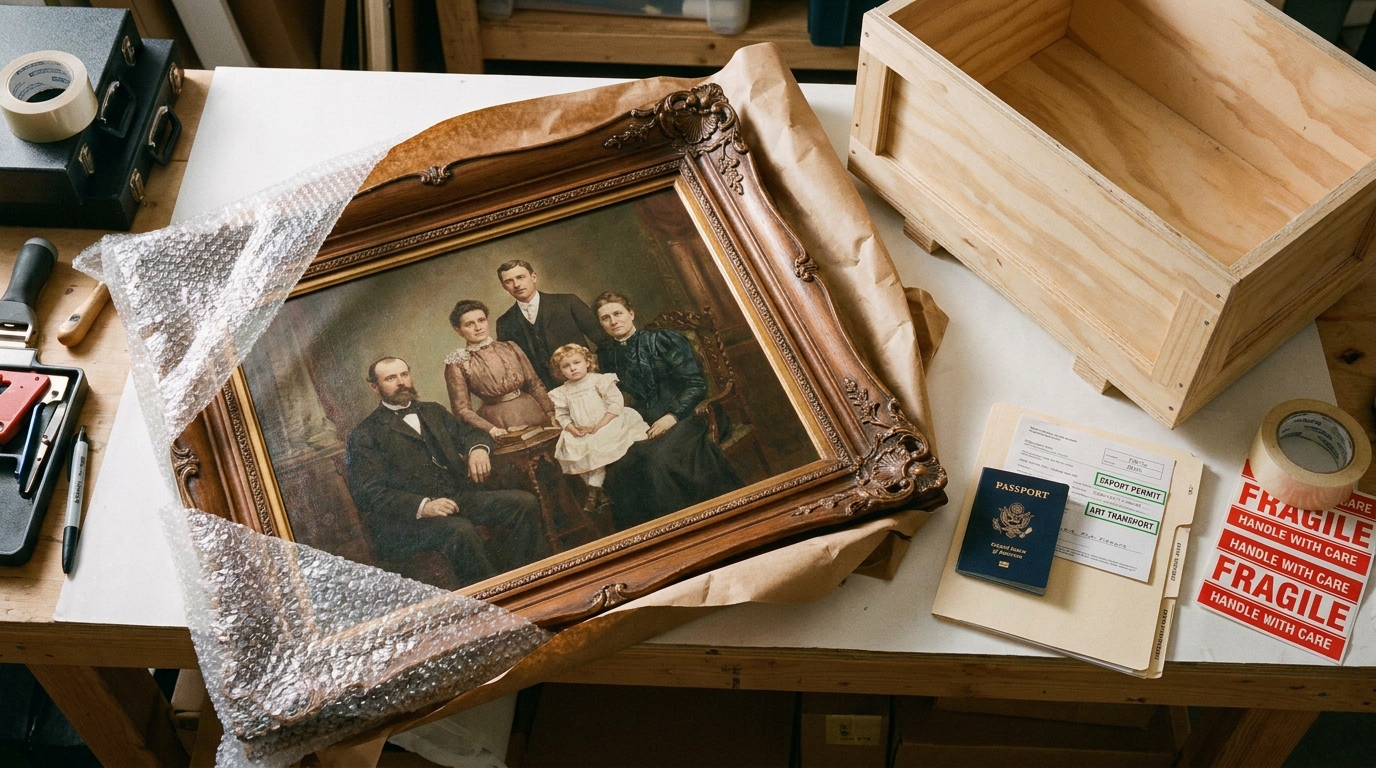 Старинный семейный портрет рядом с упаковочными материалами, деревянным ящиком и документами для перевозки