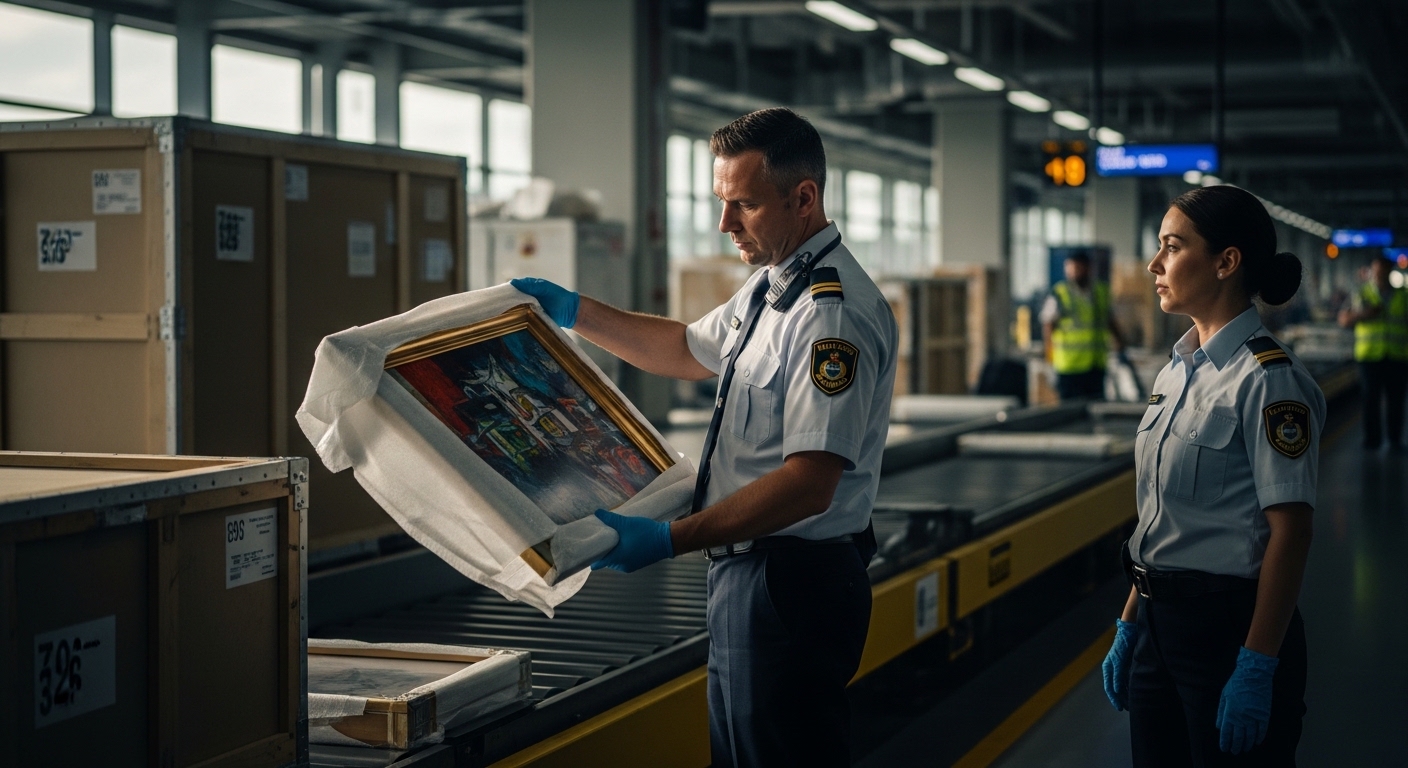 Painting being checked at customs before international shipping Customs inspection of a painting during export from Ukraine