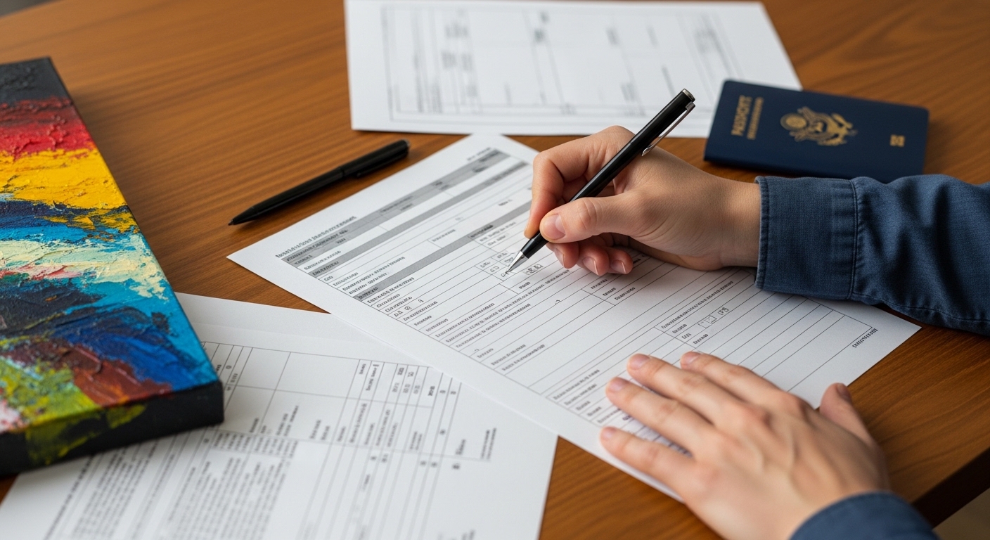 Filling out customs paperwork for exporting artwork abroad Completing documents and export permit for a painting from Ukraine