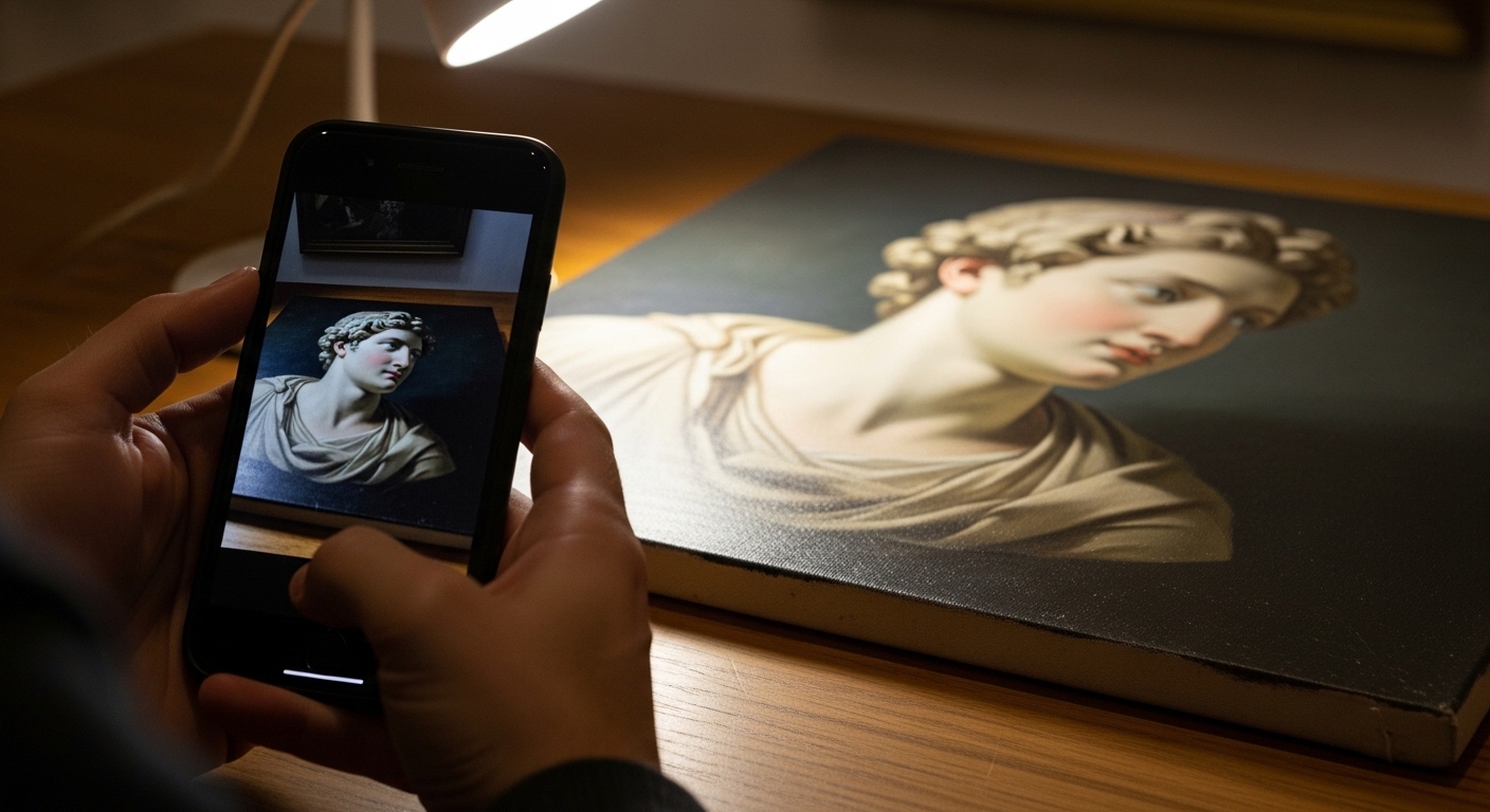 Человек фотографирует картину с женским портретом на смартфон при теплом освещении