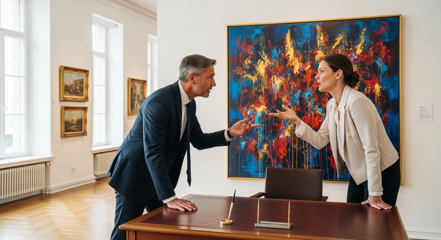 Мужчина и женщина обсуждают картину в художественной галерее перед большим абстрактным полотном