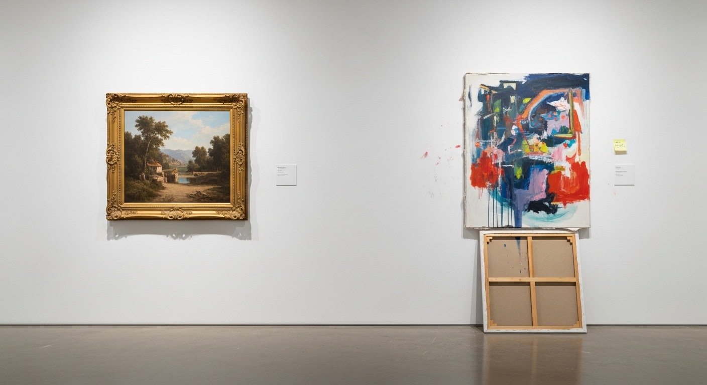 Две картины в галерее: классический пейзаж в раме на стене и современное полотно у стены