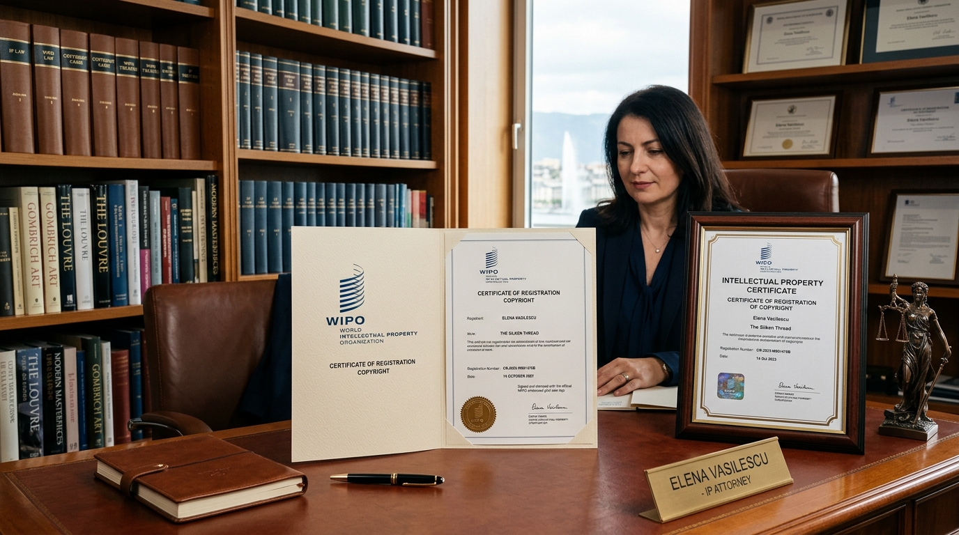 Регистрация авторских прав на картину Юрист по интеллектуальной собственности с сертификатами регистрации авторских прав на произведение искусства