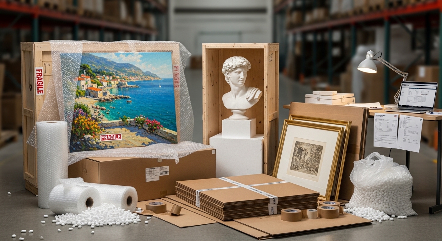 Professional art packing materials in a warehouse: painting, sculpture, frames and shipping crates