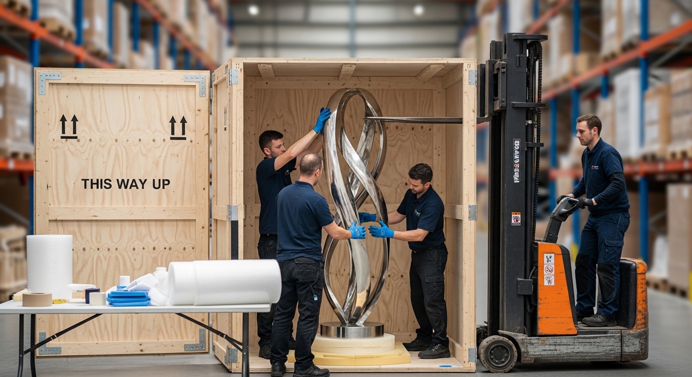A team packs a large metal sculpture into a wooden crate during warehouse loading