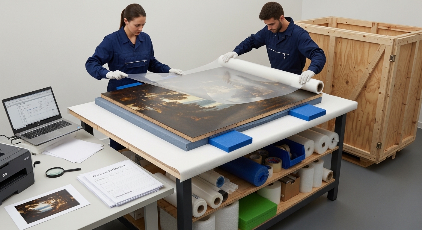 Specialists pack a painting on a worktable with protective materials and shipping documents